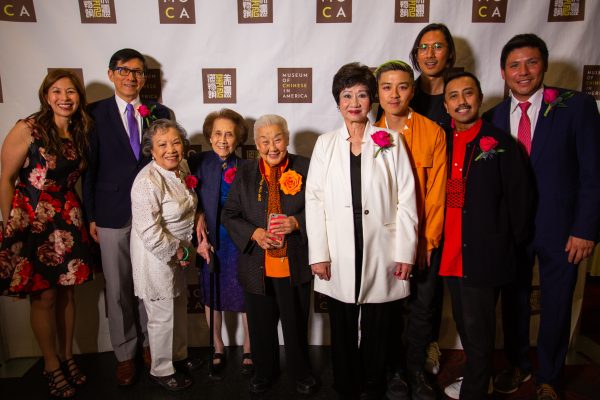 (L-R) Nancy Yao Maasbach, MOCA President; Wellington Chen, executive director of Chinatown Partnership; Marcella Chin Dear, Catherine Lee Young and Norma Chu of Ging Hawk Club; Margaret Lam, philanthropist; Stevie Huynh, Nicholas Anderson and Pedro Vidallon of Bubble_T; Jonathan Chu, MOCA Board co-chair