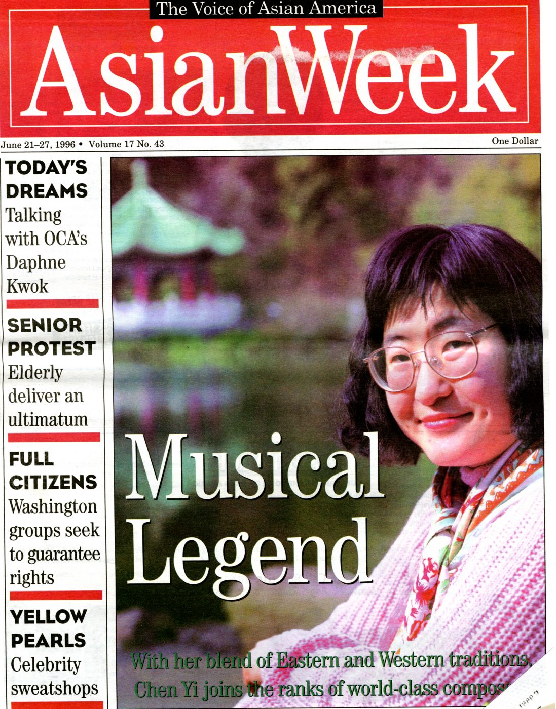 29 May 2019 Posted.
Chen Yi on AsianWeek Cover, 1996, Museum of Chinese in America (MOCA) Collection.
陈怡登上1996年AsianWeek杂志封面，美国华人博物馆（MOCA）馆藏