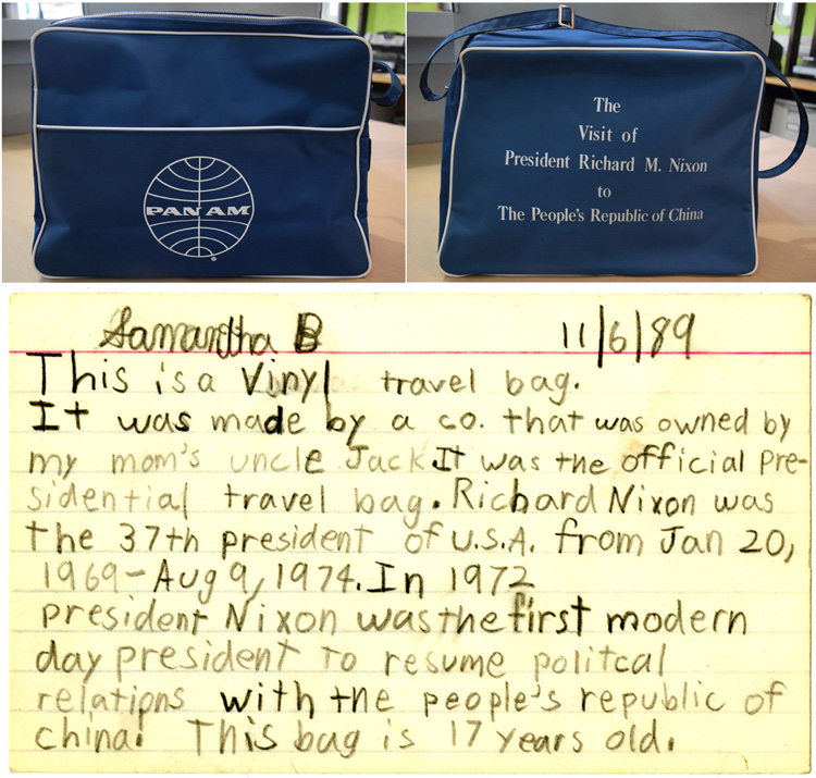 15 July 2019 Posted.
Pan Am Travel Bag and a note written on Nov. 6th, 1989 by a child whose mom's uncle Jack was the owner of the manufactory, courtesy of Roy Delbyck, Museum of Chinese in America (MCOA) Collection.
泛美世界航空旅行袋和一个孩子在1989年11月6日写的关于这个旅行袋的卡片，这个孩子的舅公是生产这个旅行袋厂家的老板。Roy Delbyck捐赠，美国华人博物馆（MOCA）馆藏