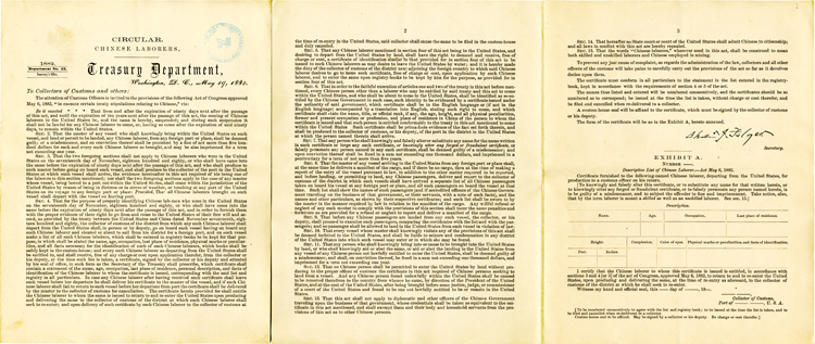 08 April 2019 Posted.
A United States Treasury Department Circular dated May 19, 1882. Courtesy of Scott Seligman, Museum of Chinese in America (MOCA) Collection.
1882年5月19日美国财政部通函，Scott Seligman捐赠，美国华人博物馆（MOCA）馆藏