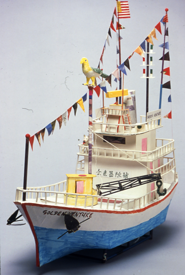 06 June 2019 Posted.
Replica of the Golden Venture ship created by detained Fujianese Refugees, Museum of Chinese in America (MOCA) Collection.
被拘留的福建难民制作的“金色冒险号”纸雕模型，美国华人博物馆（MOCA）馆藏