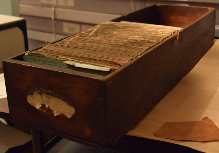 2012.022.123 PS 23 Drawer of Student Records, photo taken pre-fire. Museum of Chinese in America (MOCA) Collection.