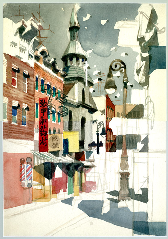 2015.006.001 Original Dong Kingman watercolor painting of Mott Street, ca 1953. Pre-fire condition. Gift of Elaine and Dong Kingman Jr., Museum of Chinese in America (MOCA) Collection.