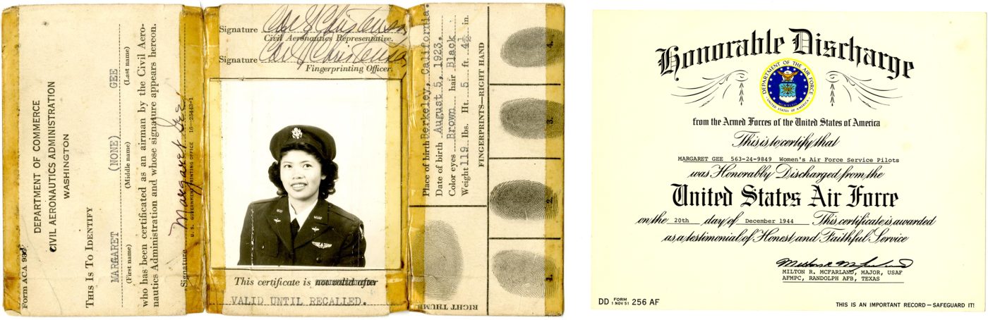 2016.004.002 An airman identification card that was issued to Maggie Gee by the Department of Commerce Civil Aeronautics Administration. The back has her photograph and fingerprints from her right hand. Pre-fire condition. Courtesy of Marissa Moss, in Memory of Maggie Gee, Museum of Chinese in America (MOCA) Collection; 2016.004.246 Maggie Gee’s Honorable Discharge Certificate, December 20, 1944. Pre-fire condition. Courtesy of Marissa Moss, in Memory of Maggie Gee, Museum of Chinese in America (MOCA) Collection.