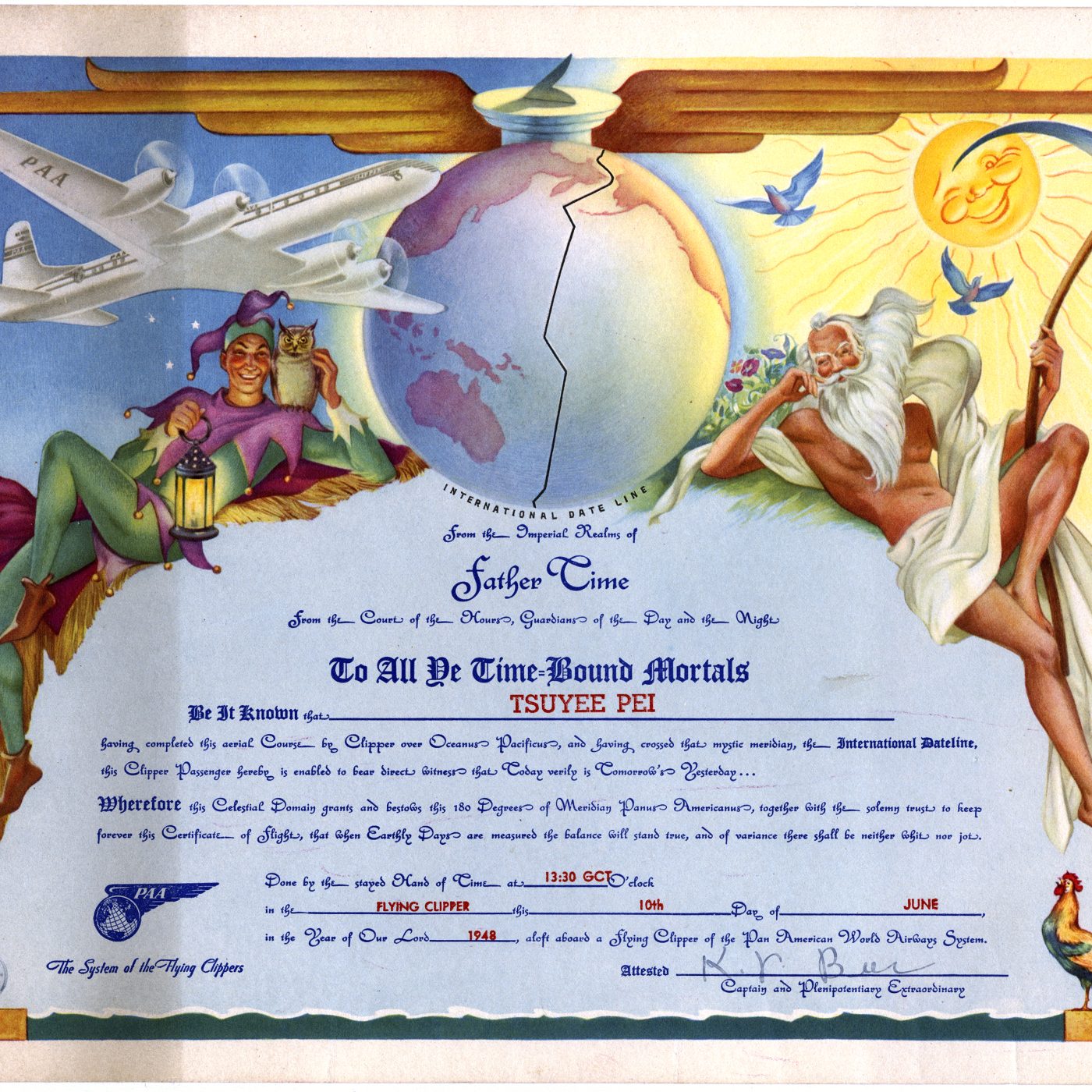 2022.009.001 泛美航空公司日期变更线穿越证书，1948 年。由贝洽捐赠，以纪念贝祖诒，美国华人博物馆 (MOCA) 馆藏。