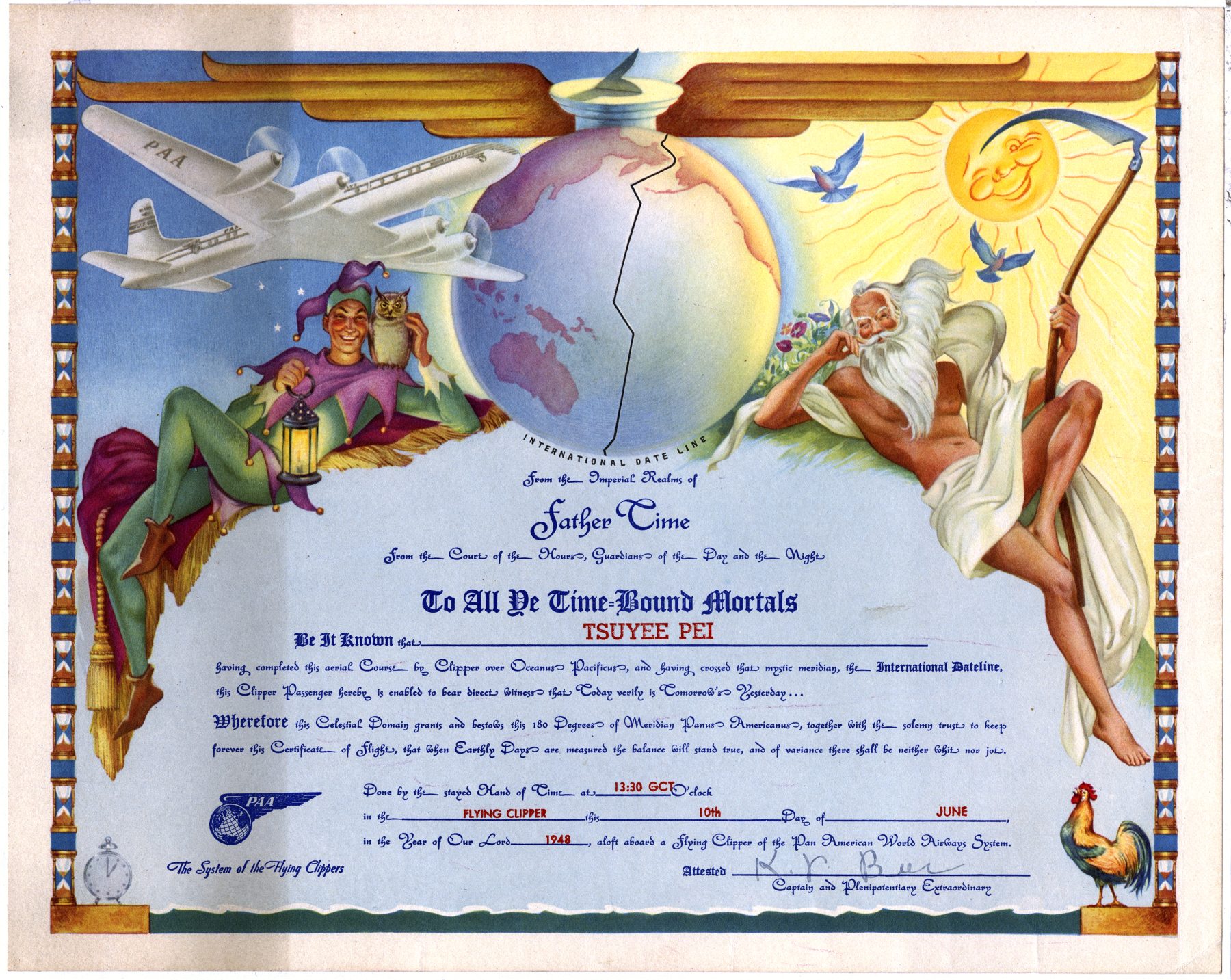 2022.009.001 Pan Am Airways Date Line Crossing Certificate, 1948. Courtesy of Patricia Pei, in Memory of Tsuyee Pei, Museum of Chinese in America (MOCA) Collection.