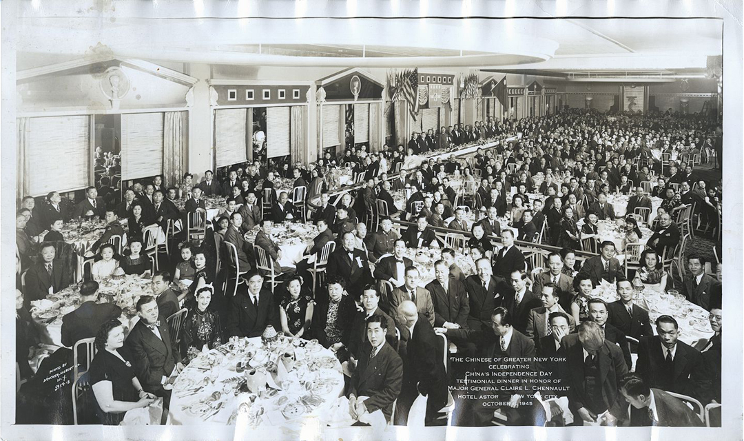 TS1009 Chinese of Greater New York Celebrating China's Independence Day and Testimonial Dinner in Honor of Major General Claire L. Chennault at the Hotel Astor in New York City on October 11, 1945. Scanned post-fire. Museum of Chinese in America (MOCA) Collection.