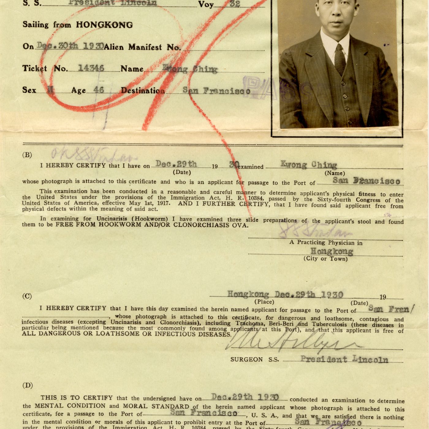Dollar Steamship Line Certificate of Medical Examination, 1930. Courtesy of Roy Delbyck, Museum of Chinese in America (MOCA) Collection.