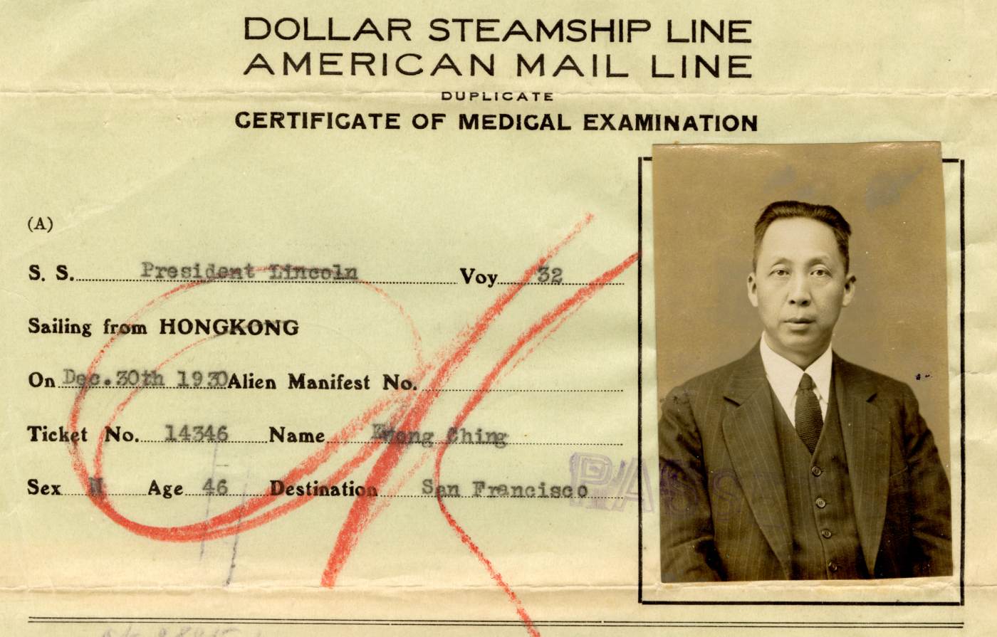 1930年的Dollar Steamship Line体检合格证。由Roy Delbyck 捐赠，美国华人博物馆 (MOCA) 馆藏。