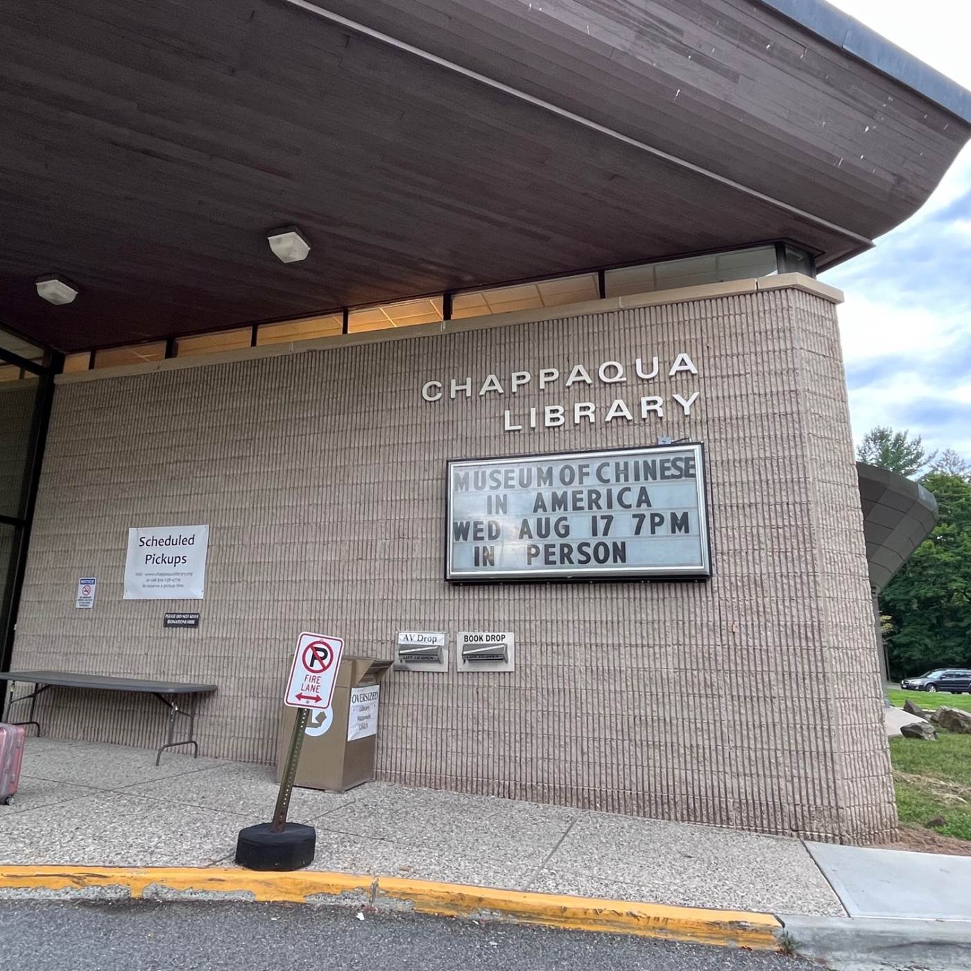 Marquee sign advertising the event which greeted the MOCA On The Road team upon their arrival at the Chappaqua Library 