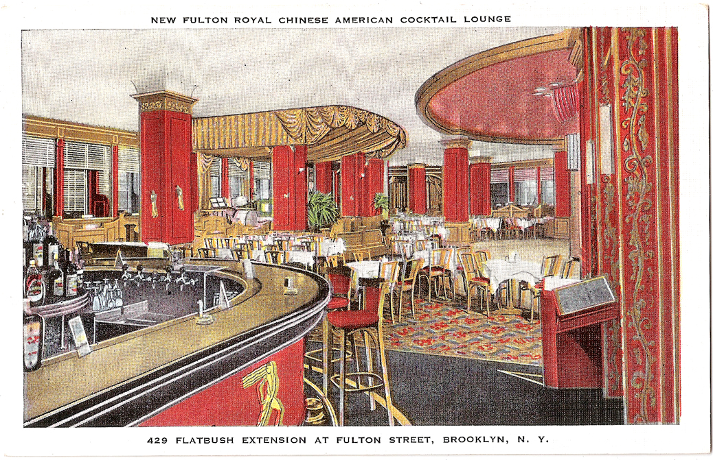 2015.043.351-a This postcard depicts the interior of New Fulton Royal Chinese American Cocktail Lounge. A horseshoe-shaped bar, red columns and dining tables surrounding a dance floor. The New Fulton was one of a number which chose to advertise and describe themselves in name as a Chinese American rather than Chinese restaurant during WWII and in the two decades after. Courtesy of Eric Y. Ng, Museum of Chinese in America (MOCA) Collection.