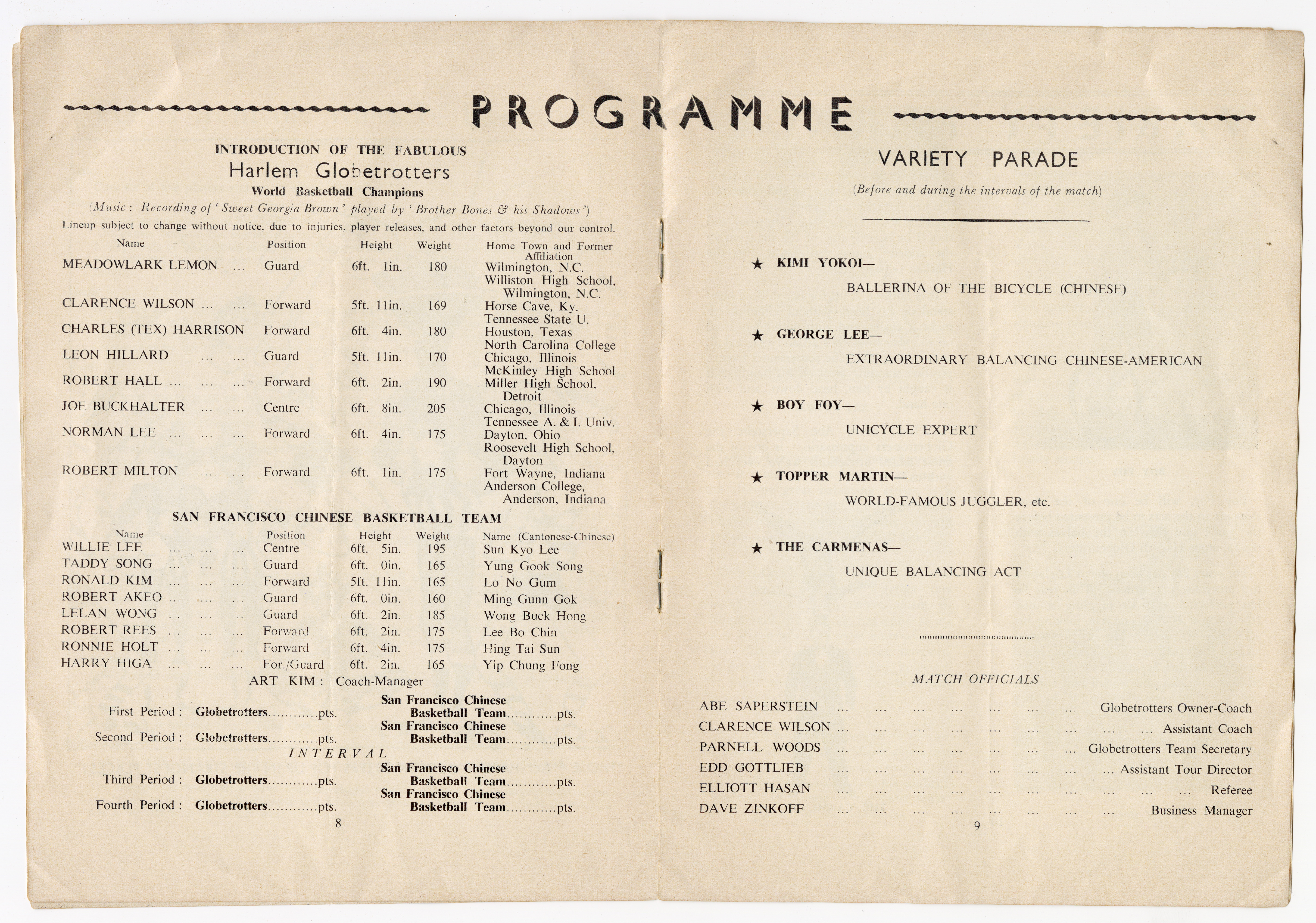 Pages 8 and 9. Event program (or 'programme' in the English vernacular) featuring the participating Globetrotters, the San Francisco Chinese Basketball Team, and the halftime show performers. Courtesy of Roy Delbyck, Museum of Chinese in America (MOCA) Collections.