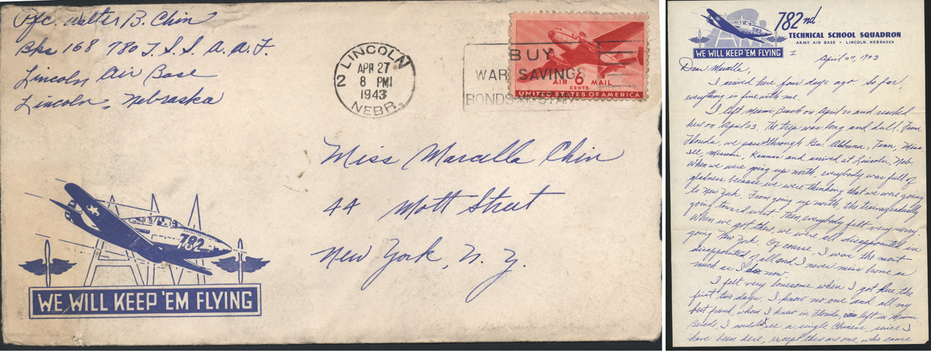1943 年 4 月 27 日，沃尔特·B·陈 (Walter B. Chin) 在内布拉斯加州林肯空军基地完成空军训练时，用英语写给妹妹陈雪瑛 (Marcella Chin) 的信。由陈雪瑛（Marcella Dear）捐赠，美国华人博物馆 (MOCA) 馆藏。