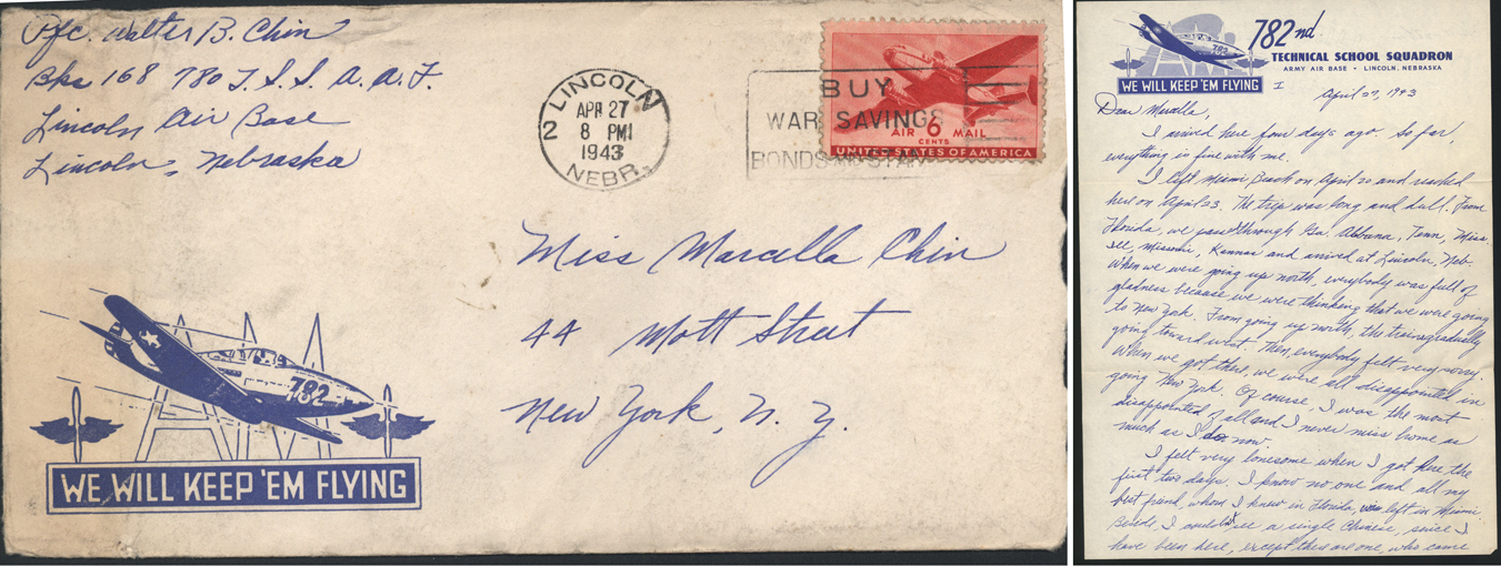 Letter that Walter B. Chin wrote to his sister Marcella Chin in English on April 27, 1943 while he was completing Air Force training at Lincoln Air Base in Nebraska. Courtesy of Marcella Dear, Museum of Chinese in America (MOCA) Collection.