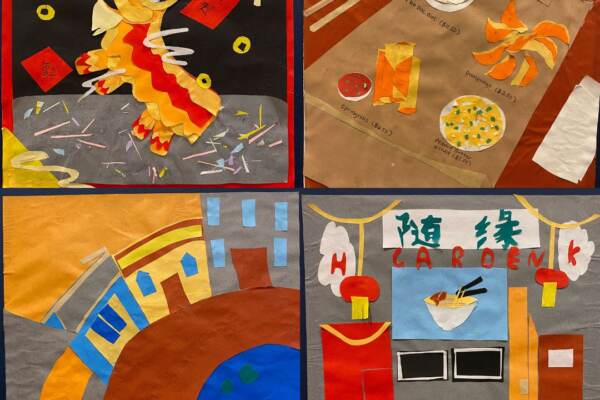 From top left, clockwise: Collages by Yelin Liu, Donovan Ng, Xiaolan Li and Michael Zheng from the High School for Dual Language & Asian Studies
