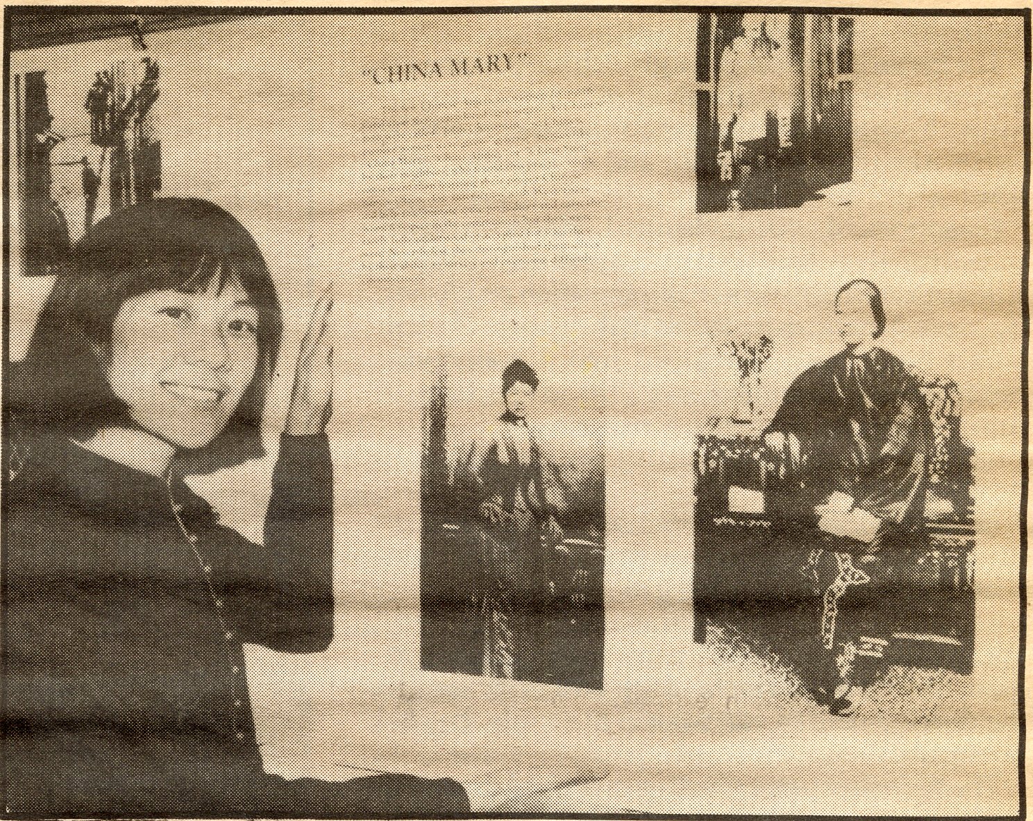 谭碧芳（Judy Yung）手持“美国华裔女性”展览的展板，她的著作《美国华裔女性：图说史》即以此为基础。图片出自1986年10月15日出版的《国际观察家报》（International Examiner）第13卷第20期，美国华人博物馆（MOCA）报纸馆藏。